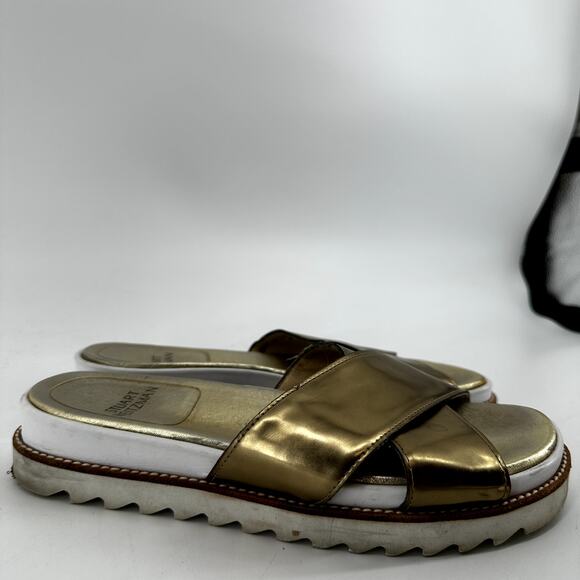 Stuart Weitzman Roza Crisscross Slides Sandals Slip On Leather Metallic Gold 7.5 - Picture 3 of 7